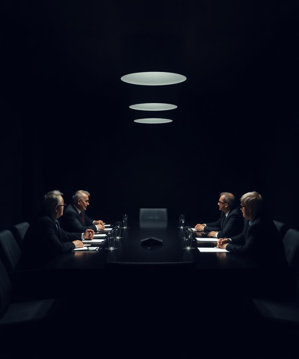 Executives in discussion in a dark boardroom