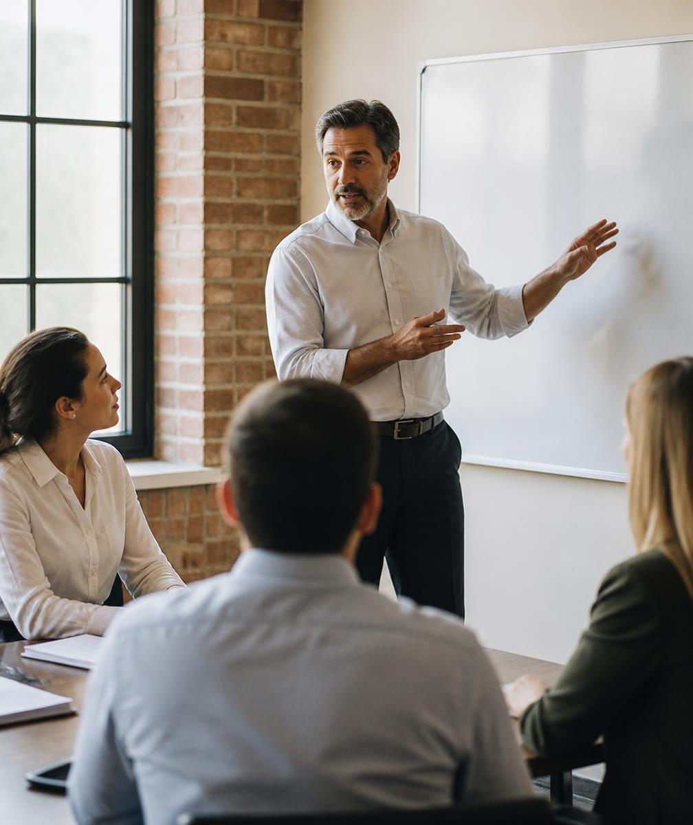 An experienced instructor leading a case discussion with managers